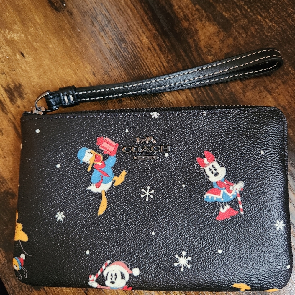 Coach Black Wristlet with Disney Characters & Winter Print